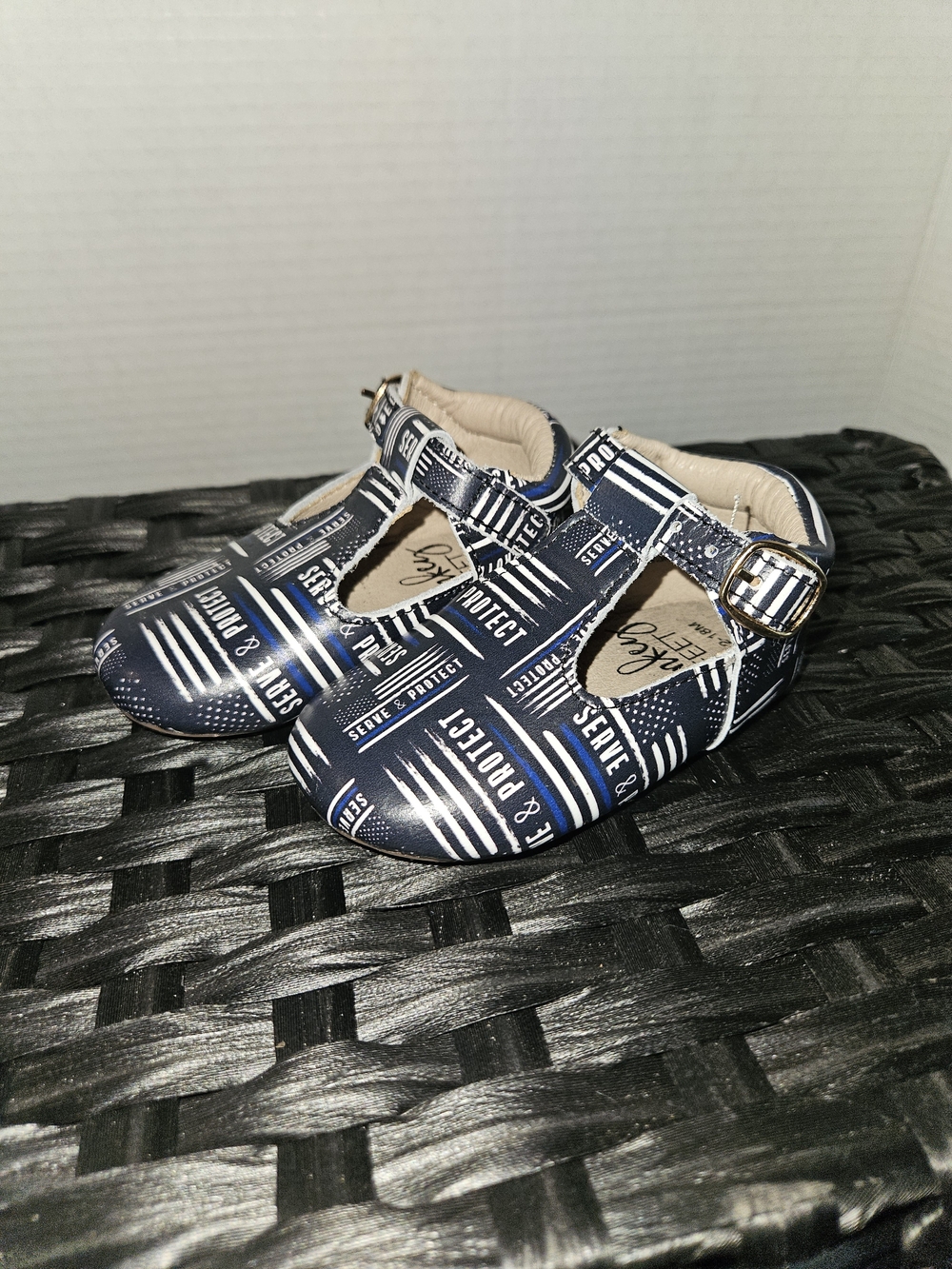 Monkey Feet Navy & White Law & Enforcement Patterned T-Bar Walker Shoes